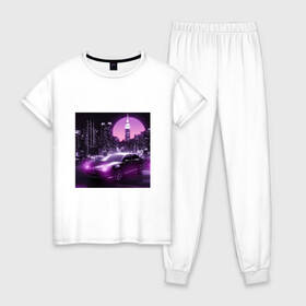 Женская пижама хлопок с принтом Neon Citroen в Тюмени, 100% хлопок | брюки и футболка прямого кроя, без карманов, на брюках мягкая резинка на поясе и по низу штанин | citroen | city | neon | sunset | авто | город | закат | неон | ночь | ситроен