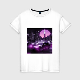 Женская футболка хлопок с принтом Neon Citroen в Тюмени, 100% хлопок | прямой крой, круглый вырез горловины, длина до линии бедер, слегка спущенное плечо | Тематика изображения на принте: citroen | city | neon | sunset | авто | город | закат | неон | ночь | ситроен