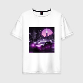 Женская футболка хлопок Oversize с принтом Neon Citroen в Тюмени, 100% хлопок | свободный крой, круглый ворот, спущенный рукав, длина до линии бедер
 | Тематика изображения на принте: citroen | city | neon | sunset | авто | город | закат | неон | ночь | ситроен
