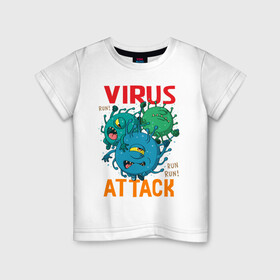Детская футболка хлопок с принтом ВИРУС АТАКУЕТ в Тюмени, 100% хлопок | круглый вырез горловины, полуприлегающий силуэт, длина до линии бедер | Тематика изображения на принте: attack | covid | lockdown | virus | атака | болезнь | вакцинация | вирус | карантин | ковид | коронавирус | пандемия | эпидемия