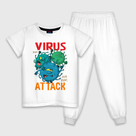 Детская пижама хлопок с принтом ВИРУС АТАКУЕТ в Тюмени, 100% хлопок |  брюки и футболка прямого кроя, без карманов, на брюках мягкая резинка на поясе и по низу штанин
 | Тематика изображения на принте: attack | covid | lockdown | virus | атака | болезнь | вакцинация | вирус | карантин | ковид | коронавирус | пандемия | эпидемия