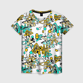 Женская футболка 3D с принтом Бирюзово-желтый узор в Тюмени, 100% полиэфир ( синтетическое хлопкоподобное полотно) | прямой крой, круглый вырез горловины, длина до линии бедер | абстрактный | беспорядочный | бирюзовый | желтый | кляксы | пятна | современный