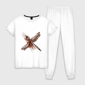 Женская пижама хлопок с принтом Медная стрекоза в Тюмени, 100% хлопок | брюки и футболка прямого кроя, без карманов, на брюках мягкая резинка на поясе и по низу штанин | dragonfly | графика | крылья | летать | медный | насекомое | рисунок | стрекоза