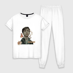 Женская пижама хлопок с принтом Эйдан Галлагер в Тюмени, 100% хлопок | брюки и футболка прямого кроя, без карманов, на брюках мягкая резинка на поясе и по низу штанин | актёр | бабочки | мотивация | эйдан галлагер | эстетика