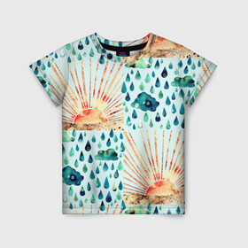 Детская футболка 3D с принтом Осенний паттерн: Дождь и солнце в Тюмени, 100% гипоаллергенный полиэфир | прямой крой, круглый вырез горловины, длина до линии бедер, чуть спущенное плечо, ткань немного тянется | 3d | blue | clouds | overcast | rain | raindrops | sun | sunset | watercolor | weather | акварель | дизайн | дождливый | дождь | закат | капли | коллаж | лучи | непогода | облака | осенний | осень | паттерн | погода | рассвет | синий