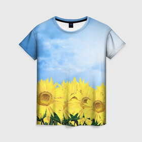 Женская футболка 3D с принтом Подсолнухи в Тюмени, 100% полиэфир ( синтетическое хлопкоподобное полотно) | прямой крой, круглый вырез горловины, длина до линии бедер | flowers | sky | summer | sunflowers | лето | небо | подсолнухи | цветы