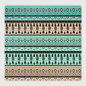 Магнитный плакат 3Х3 с принтом Новогодний зимний орнамент в Тюмени, Полимерный материал с магнитным слоем | 9 деталей размером 9*9 см | бирюзовые полосы | коричневый и бирюзовый | орнамент | полосы | рождественский | скандинавский узор | этнический
