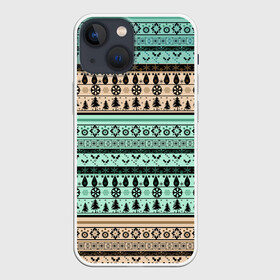 Чехол для iPhone 13 mini с принтом Новогодний зимний орнамент в Тюмени,  |  | бирюзовые полосы | коричневый и бирюзовый | орнамент | полосы | рождественский | скандинавский узор | этнический