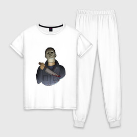 Женская пижама хлопок с принтом Майкл Dead by daylight в Тюмени, 100% хлопок | брюки и футболка прямого кроя, без карманов, на брюках мягкая резинка на поясе и по низу штанин | killer | michael myers | майкл майерс