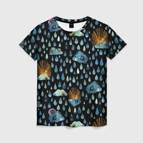 Женская футболка 3D с принтом Дождливая осень.Солнце, облака в Тюмени, 100% полиэфир ( синтетическое хлопкоподобное полотно) | прямой крой, круглый вырез горловины, длина до линии бедер | autumn | pattern | raibow | rain | raindrops | sun | watercolor | акварель | дизайн | дождливый | дождь | закат | капли | коллаж | ливень | морось | непогода | облака | осень | паттерн | погода | природа | радуга | рассвет | солнце