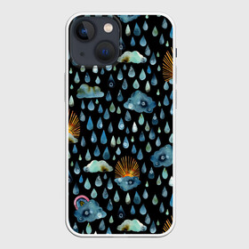 Чехол для iPhone 13 mini с принтом Дождливая осень.Солнце, облака в Тюмени,  |  | autumn | pattern | raibow | rain | raindrops | sun | watercolor | акварель | дизайн | дождливый | дождь | закат | капли | коллаж | ливень | морось | непогода | облака | осень | паттерн | погода | природа | радуга | рассвет | солнце