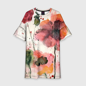 Детское платье 3D с принтом Акварельные маки,брызги краски в Тюмени, 100% полиэстер | прямой силуэт, чуть расширенный к низу. Круглая горловина, на рукавах — воланы | aquarel | botanical | floral | flowers | pattern | poppy | watercolor | акварель | акварельный | ботаника | ботанический | брызги | брызги краски | краска | красный | мак | маки | маковое поле | паттерн | природа | пятна