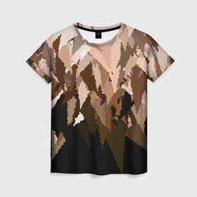 Женская футболка 3D с принтом Бежево-коричневая мозаика  в Тюмени, 100% полиэфир ( синтетическое хлопкоподобное полотно) | прямой крой, круглый вырез горловины, длина до линии бедер | абстрактный | бежевый | камуфляж | коричневый | мозаика | молодежный | мужской | современный | соты | текстура