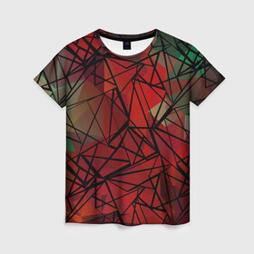 Женская футболка 3D с принтом Абстрактный геометрический  в Тюмени, 100% полиэфир ( синтетическое хлопкоподобное полотно) | прямой крой, круглый вырез горловины, длина до линии бедер | абстрактный | геометрический | зеленый | красный | линии | молодежный | полигональный | современный
