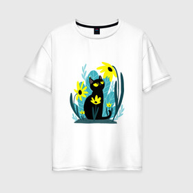 Женская футболка хлопок Oversize с принтом Кот и цветок в Тюмени, 100% хлопок | свободный крой, круглый ворот, спущенный рукав, длина до линии бедер
 | арт | жёлтые цветы | жёлтый цветок | космос | кот | котейка | кошка | полевой цветок | полевые цветы | пчела | рисунок | цветок | цветы | чёрная кошка | чёрный кот | чёрный котейка