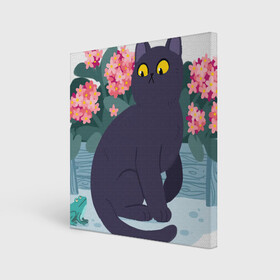 Холст квадратный с принтом Кот, лягушка и клумба в Тюмени, 100% ПВХ |  | арт | клумба | космос | кот | котейка | кошка | лягушка | рисунок | розовые цветы | розовый цветок | цветы | чёрная кошка | чёрный кот