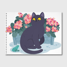 Альбом для рисования с принтом Кот, лягушка и клумба в Тюмени, 100% бумага
 | матовая бумага, плотность 200 мг. | арт | клумба | космос | кот | котейка | кошка | лягушка | рисунок | розовые цветы | розовый цветок | цветы | чёрная кошка | чёрный кот