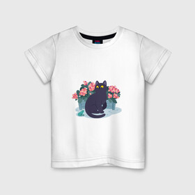 Детская футболка хлопок с принтом Кот, лягушка и клумба в Тюмени, 100% хлопок | круглый вырез горловины, полуприлегающий силуэт, длина до линии бедер | арт | клумба | космос | кот | котейка | кошка | лягушка | рисунок | розовые цветы | розовый цветок | цветы | чёрная кошка | чёрный кот