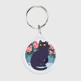 Брелок круглый с принтом Кот, лягушка и клумба в Тюмени, пластик и полированная сталь | круглая форма, металлическое крепление в виде кольца | арт | клумба | космос | кот | котейка | кошка | лягушка | рисунок | розовые цветы | розовый цветок | цветы | чёрная кошка | чёрный кот