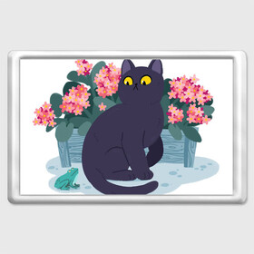 Магнит 45*70 с принтом Кот, лягушка и клумба в Тюмени, Пластик | Размер: 78*52 мм; Размер печати: 70*45 | арт | клумба | космос | кот | котейка | кошка | лягушка | рисунок | розовые цветы | розовый цветок | цветы | чёрная кошка | чёрный кот
