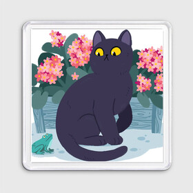 Магнит 55*55 с принтом Кот, лягушка и клумба в Тюмени, Пластик | Размер: 65*65 мм; Размер печати: 55*55 мм | арт | клумба | космос | кот | котейка | кошка | лягушка | рисунок | розовые цветы | розовый цветок | цветы | чёрная кошка | чёрный кот
