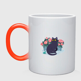 Кружка хамелеон с принтом Кот, лягушка и клумба в Тюмени, керамика | меняет цвет при нагревании, емкость 330 мл | арт | клумба | космос | кот | котейка | кошка | лягушка | рисунок | розовые цветы | розовый цветок | цветы | чёрная кошка | чёрный кот