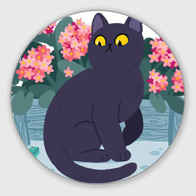 Коврик для мышки круглый с принтом Кот, лягушка и клумба в Тюмени, резина и полиэстер | круглая форма, изображение наносится на всю лицевую часть | Тематика изображения на принте: арт | клумба | космос | кот | котейка | кошка | лягушка | рисунок | розовые цветы | розовый цветок | цветы | чёрная кошка | чёрный кот