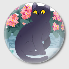 Значок с принтом Кот, лягушка и клумба в Тюмени,  металл | круглая форма, металлическая застежка в виде булавки | арт | клумба | космос | кот | котейка | кошка | лягушка | рисунок | розовые цветы | розовый цветок | цветы | чёрная кошка | чёрный кот