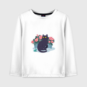 Детский лонгслив хлопок с принтом Кот, лягушка и клумба в Тюмени, 100% хлопок | круглый вырез горловины, полуприлегающий силуэт, длина до линии бедер | арт | клумба | космос | кот | котейка | кошка | лягушка | рисунок | розовые цветы | розовый цветок | цветы | чёрная кошка | чёрный кот