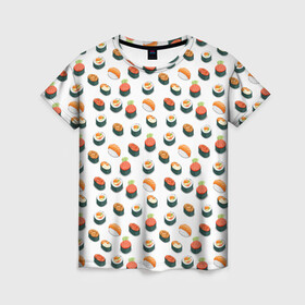 Женская футболка 3D с принтом Sushi в Тюмени, 100% полиэфир ( синтетическое хлопкоподобное полотно) | прямой крой, круглый вырез горловины, длина до линии бедер | sushi | еда | икра | лосось | рис | роллы | рыба | суши