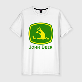 Мужская футболка хлопок Slim с принтом JOHN BEER / ДЖОН ПИВО в Тюмени, 92% хлопок, 8% лайкра | приталенный силуэт, круглый вырез ворота, длина до линии бедра, короткий рукав | beer | john deer | алкаш | джон бир. | прикол | смешная надпись | цитата | юмор