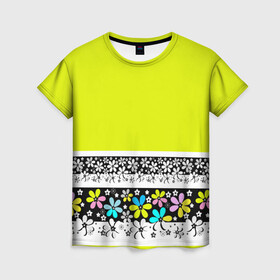 Женская футболка 3D с принтом Яркий цветочный узор  в Тюмени, 100% полиэфир ( синтетическое хлопкоподобное полотно) | прямой крой, круглый вырез горловины, длина до линии бедер | абстрактный | для детей | зеленый | неоновый зеленый | разноцветный | современный | цветочный узор