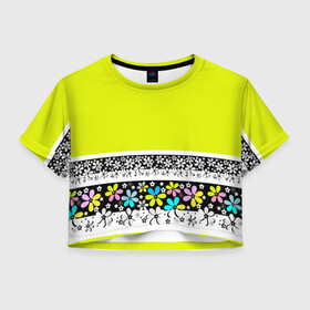 Женская футболка Crop-top 3D с принтом Яркий цветочный узор  в Тюмени, 100% полиэстер | круглая горловина, длина футболки до линии талии, рукава с отворотами | абстрактный | для детей | зеленый | неоновый зеленый | разноцветный | современный | цветочный узор
