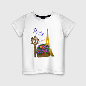 Детская футболка хлопок с принтом Кусочек Парижа в Тюмени, 100% хлопок | круглый вырез горловины, полуприлегающий силуэт, длина до линии бедер | . | велик | велосипед | виласипед | города | любовь | мерцание | надписи | париж | путешествие | романтика | текст | фонарь | франция | цветы | эйфелева башня