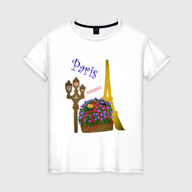 Женская футболка хлопок с принтом Кусочек Парижа в Тюмени, 100% хлопок | прямой крой, круглый вырез горловины, длина до линии бедер, слегка спущенное плечо | . | велик | велосипед | виласипед | города | любовь | мерцание | надписи | париж | путешествие | романтика | текст | фонарь | франция | цветы | эйфелева башня