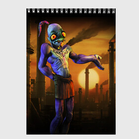 Скетчбук с принтом Oddworld в Тюмени, 100% бумага
 | 48 листов, плотность листов — 100 г/м2, плотность картонной обложки — 250 г/м2. Листы скреплены сверху удобной пружинной спиралью | Тематика изображения на принте: abe | abes odyssey | eco | mudokon | playstation | ps | rupture farms | одиссея эйба | плейстейшен | разрывные фермы | эйб | экология