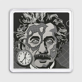 Магнит 55*55 с принтом Альберт Эйнштейн в Тюмени, Пластик | Размер: 65*65 мм; Размер печати: 55*55 мм | арт | время | рисунок | учёный | часы | чёрно белый | черно белый рисунок | эйнштейн