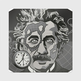 Магнит виниловый Квадрат с принтом Альберт Эйнштейн в Тюмени, полимерный материал с магнитным слоем | размер 9*9 см, закругленные углы | арт | время | рисунок | учёный | часы | чёрно белый | черно белый рисунок | эйнштейн