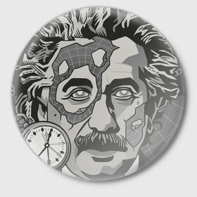 Значок с принтом Альберт Эйнштейн в Тюмени,  металл | круглая форма, металлическая застежка в виде булавки | арт | время | рисунок | учёный | часы | чёрно белый | черно белый рисунок | эйнштейн