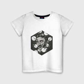 Детская футболка хлопок с принтом Никола Тесла в Тюмени, 100% хлопок | круглый вырез горловины, полуприлегающий силуэт, длина до линии бедер | арт | лампочка | лампочки | никола тесла | рисунок | тесла | учёный | чёрно белый | черно белый рисунок | электричество