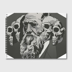 Альбом для рисования с принтом Чарльз Дарвин в Тюмени, 100% бумага
 | матовая бумага, плотность 200 мг. | арт | дарвин | рисунок | учёный | чарльз дарвин | череп | черепа | чёрно белый | черно белый рисунок | эволюция