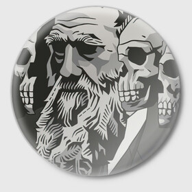 Значок с принтом Чарльз Дарвин в Тюмени,  металл | круглая форма, металлическая застежка в виде булавки | арт | дарвин | рисунок | учёный | чарльз дарвин | череп | черепа | чёрно белый | черно белый рисунок | эволюция