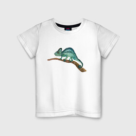Детская футболка хлопок с принтом Зеленый хамелеон на ветке в Тюмени, 100% хлопок | круглый вырез горловины, полуприлегающий силуэт, длина до линии бедер | chameleon | green | lizard | reptile | torqoise | акварель | акварельный | бирюзовый | ветка | зеленый | иллюстрация | на ветке | скетч | хамелеон | ящерица