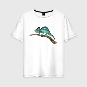 Женская футболка хлопок Oversize с принтом Зеленый хамелеон на ветке в Тюмени, 100% хлопок | свободный крой, круглый ворот, спущенный рукав, длина до линии бедер
 | chameleon | green | lizard | reptile | torqoise | акварель | акварельный | бирюзовый | ветка | зеленый | иллюстрация | на ветке | скетч | хамелеон | ящерица