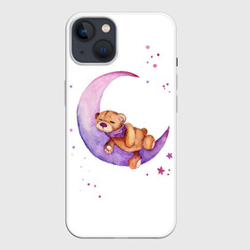 Чехол для iPhone 13 с принтом Плюшевый мишка спит на луне в Тюмени,  |  | bedtime | dream | moon | night | sleep | stars | teddy bear | акварель | акварельный | детский | дизайн | звездный | звезды | игрушка | луна | малыш | малышковый | медведь | милый | мишка | ночь | плюшевый | розовый | сиреневый