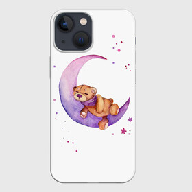 Чехол для iPhone 13 mini с принтом Плюшевый мишка спит на луне в Тюмени,  |  | bedtime | dream | moon | night | sleep | stars | teddy bear | акварель | акварельный | детский | дизайн | звездный | звезды | игрушка | луна | малыш | малышковый | медведь | милый | мишка | ночь | плюшевый | розовый | сиреневый