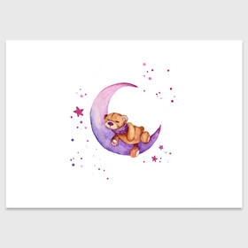 Поздравительная открытка с принтом Плюшевый мишка спит на луне в Тюмени, 100% бумага | плотность бумаги 280 г/м2, матовая, на обратной стороне линовка и место для марки
 | Тематика изображения на принте: bedtime | dream | moon | night | sleep | stars | teddy bear | акварель | акварельный | детский | дизайн | звездный | звезды | игрушка | луна | малыш | малышковый | медведь | милый | мишка | ночь | плюшевый | розовый | сиреневый
