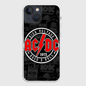 Чехол для iPhone 13 mini с принтом AC DC HIGH VOLTAGE в Тюмени,  |  | Тематика изображения на принте: ac dc | angus young. | back in black | brian johnson | hells bells | highway to hell | rock | thunderstruck | tnt | ангус янг | брайан джонсон | группа | музыка | рок | эйси диси