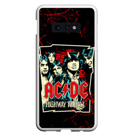 Чехол для Samsung S10E с принтом AC DC HIGHWAY TO HELL в Тюмени, Силикон | Область печати: задняя сторона чехла, без боковых панелей | ac dc | angus young. | back in black | brian johnson | hells bells | highway to hell | rock | thunderstruck | tnt | ангус янг | брайан джонсон | группа | музыка | рок | эйси диси