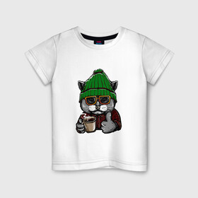 Детская футболка хлопок с принтом Крутой Кот Пёт Кофеёк! в Тюмени, 100% хлопок | круглый вырез горловины, полуприлегающий силуэт, длина до линии бедер | гопник | кот | кофе | найс. | поп арт | шапка